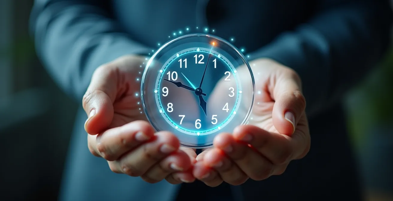 Image symbolique de mains tenant délicatement une horloge transparente avec de la lumière qui la traverse, évoquant la confiance et la clarté