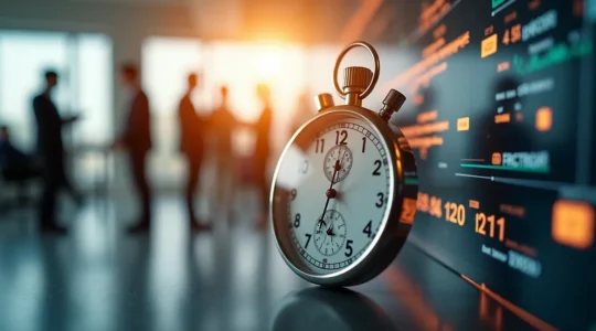 Illustration conceptuelle d'un chronomètre sur fond d'horloge numérique et silhouettes d'employés collaborant dans un bureau lumineux