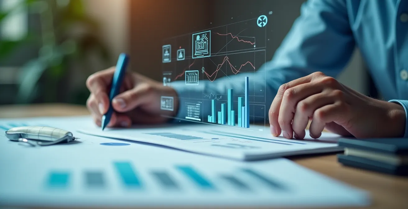 Gros plan sur des mains examinant des documents financiers organisés avec des graphiques numériques flottant au-dessus, indiquant la conformité et la précision