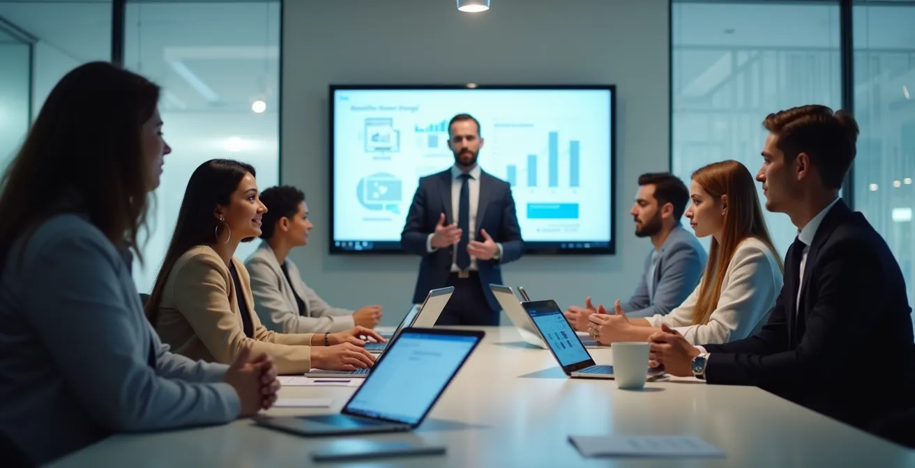 Scène d'un manager formant des employés autour d'une table de conférence avec des ordinateurs portables ouverts, montrant une interaction et une collaboration engagées