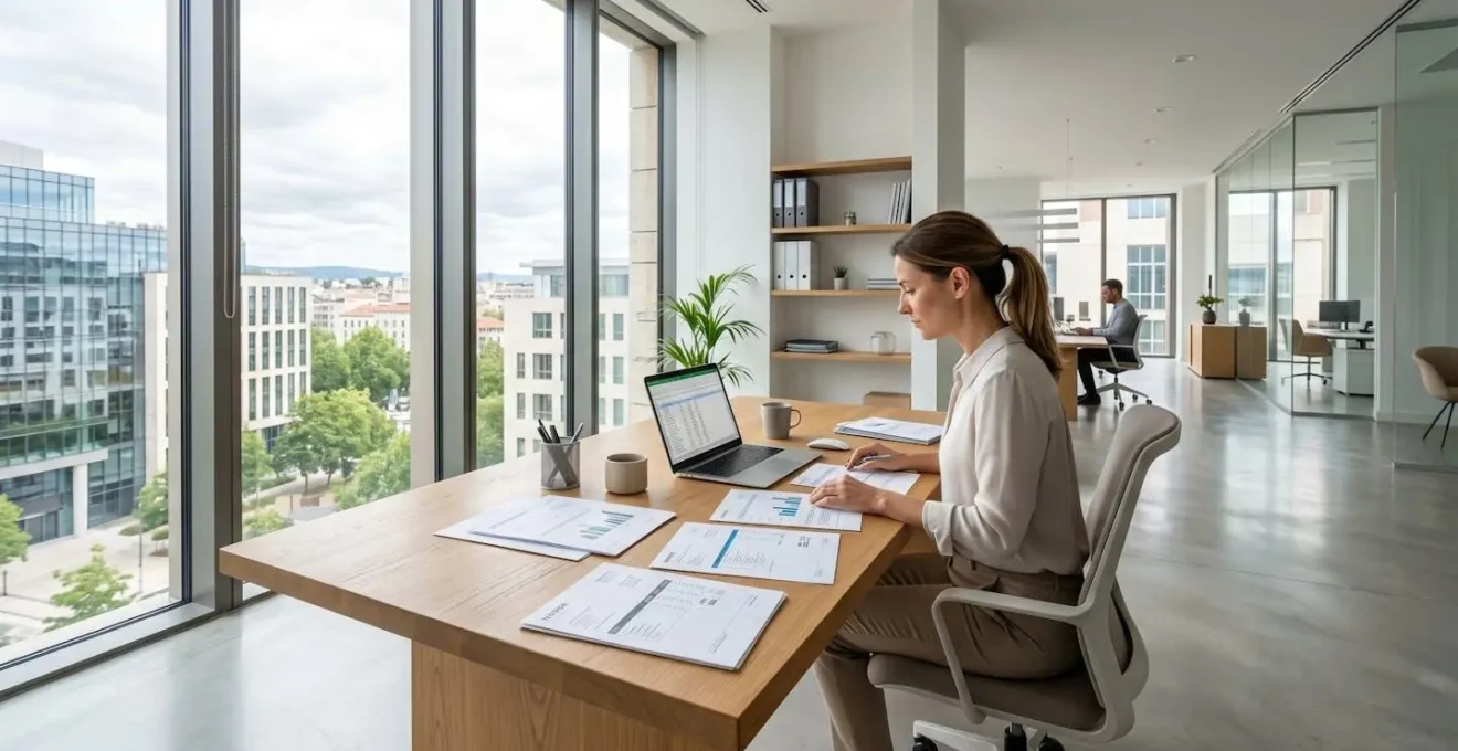 Bureau professionnel moderne avec documents financiers et factures étalés sur une table en bois clair, lumière naturelle venant d'une large fenêtre