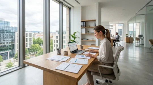 Bureau professionnel moderne avec documents financiers et factures étalés sur une table en bois clair, lumière naturelle venant d'une large fenêtre