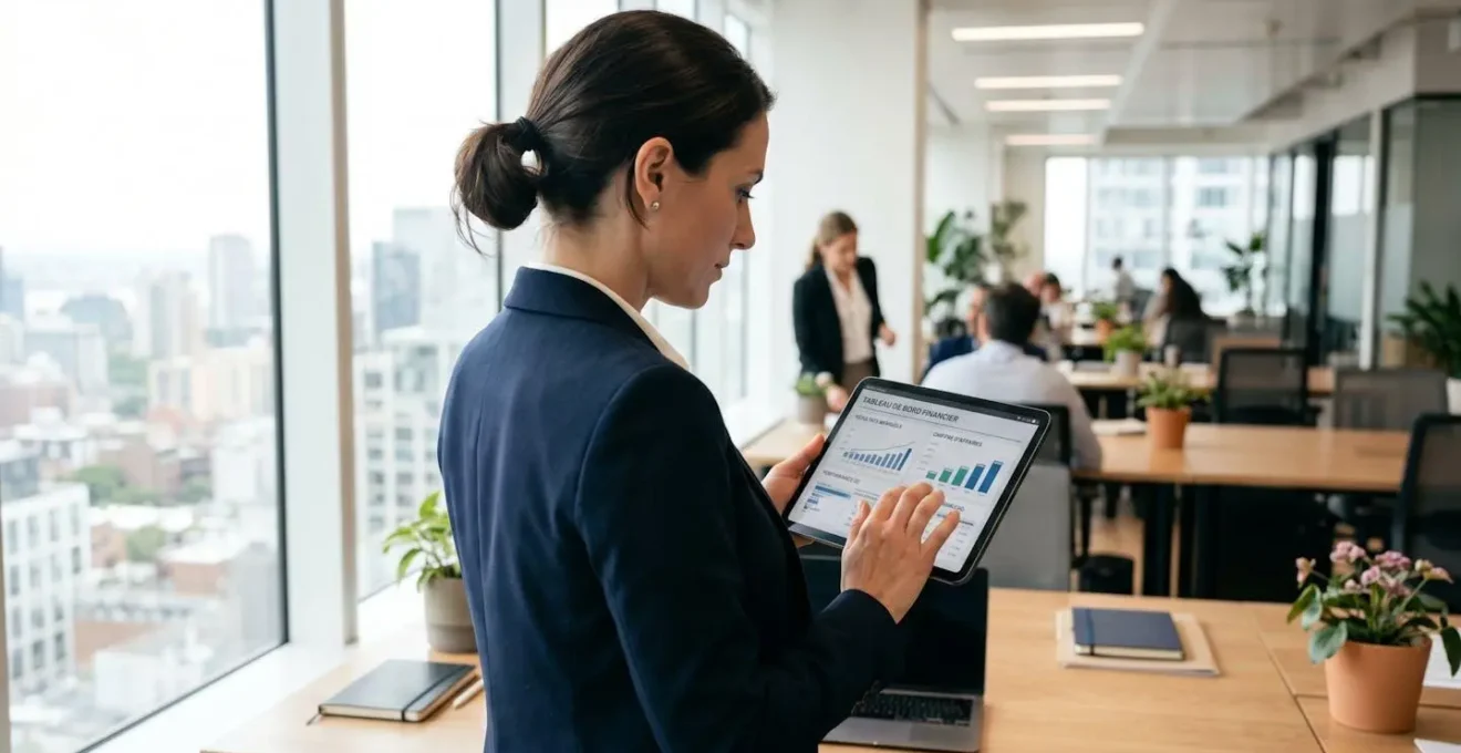 Femme professionnelle vue de profil consultant un tableau de bord financier sur une tablette dans un bureau moderne avec lumière naturelle