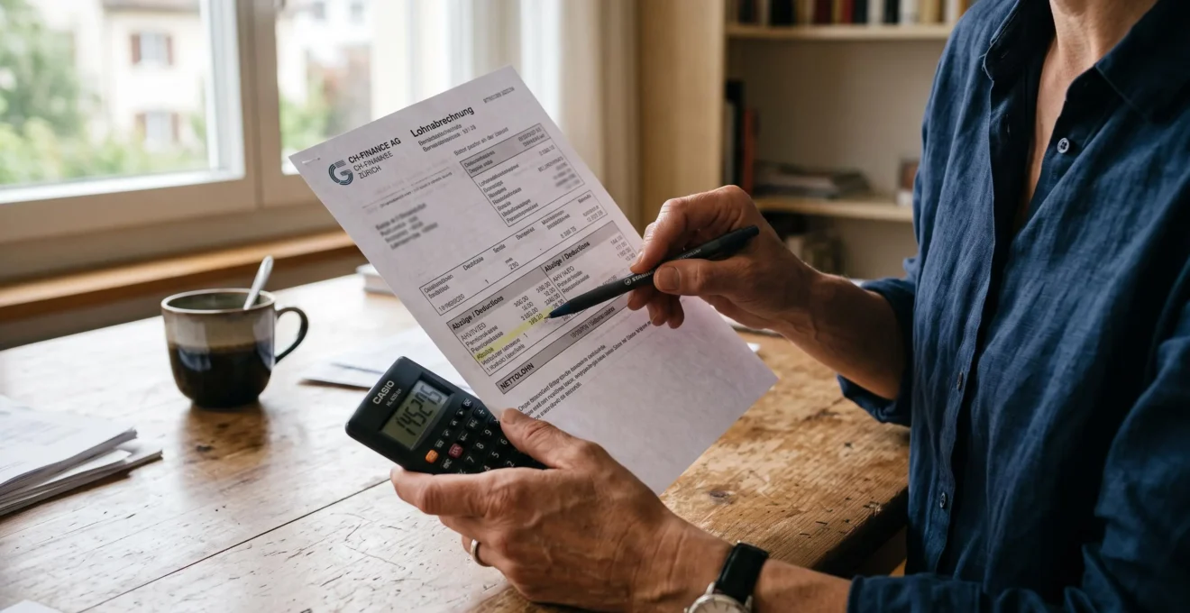 Des mains comparent un bulletin de salaire suisse et une calculatrice sur un bureau.
