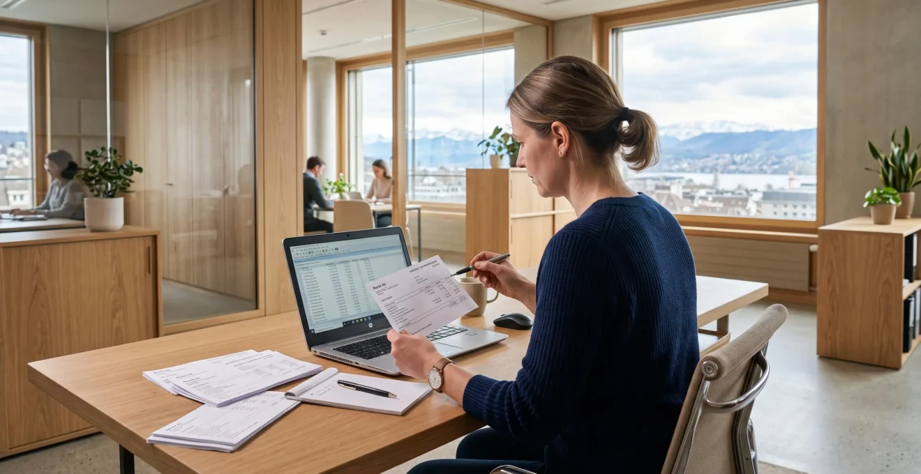 Une spécialiste paie vérifie des bulletins de salaire à son bureau dans un bureau suisse.