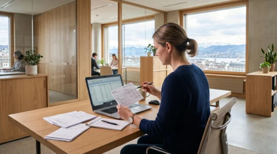 Une spécialiste paie vérifie des bulletins de salaire à son bureau dans un bureau suisse.